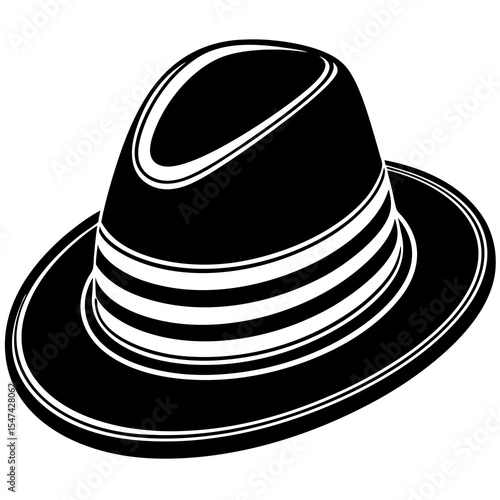 Black fedora hat with white stripes isolated on white background