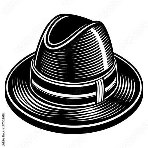 Black fedora hat with white stripes isolated on white background