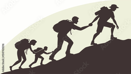 Descriptive silhouette image of five people with backpacks ascending a steep hill, illustrating teamwork, leadership, and mutual support in a challenging climb.