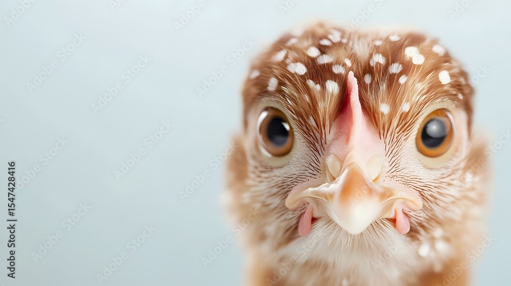 Obraz premium Close up portrait of young spotted chicken with brown feathers and large expressive eyes against light background, macro photography of farm bird face.