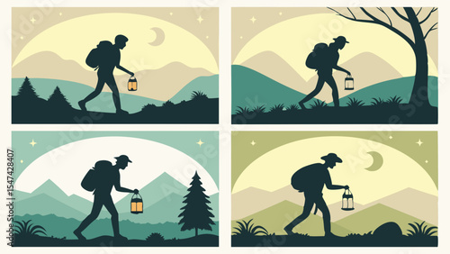 Four tranquil flat design silhouette illustrations of hikers with backpacks and glowing lanterns trekking through moonlit mountain landscapes at night or dusk, vector art.
