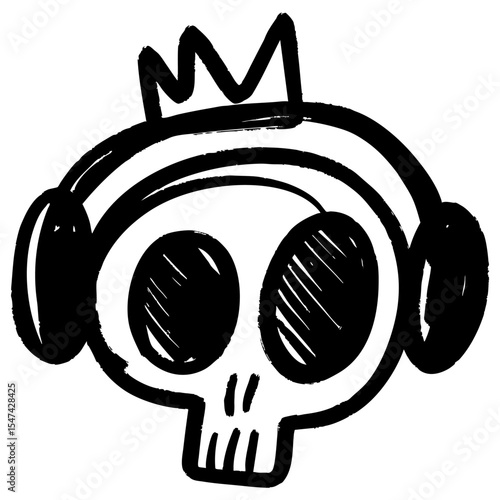 Hand drawn black and white doodle illustration of a cartoon skull wearing headphones and a crown. This stylized vector artwork represents music, street style, and creative expression.