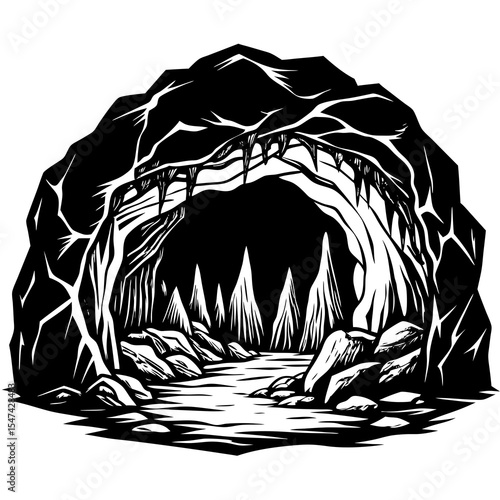 Cave entrance with rocks and stalagmites in black and white