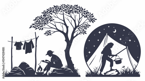 Monochrome camping silhouettes illustration. People enjoying outdoor adventure, reading by campfire with drying clothes, cooking outside tent under starry night sky.