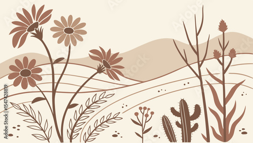 Boho desert landscape illustration featuring brown wildflowers, saguaro cactus, and arid plants in a serene, minimalist style with earthy beige tones.
