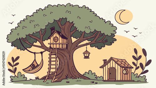 Dreamy cartoon treehouse and rustic wooden playhouse with a hammock swing under a crescent moon, perfect for kids' outdoor adventure.