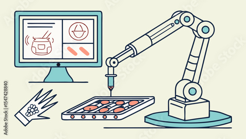 Digital illustration of a robotic arm cultivating cultured meat in a lab, with a monitor showing bioreactor data, future food shapes, and cellular agriculture technology.