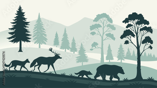 Monochromatic forest landscape with evergreen trees, mountains, and walking bear family, deer, wolf silhouettes. Peaceful wild animals illustration.