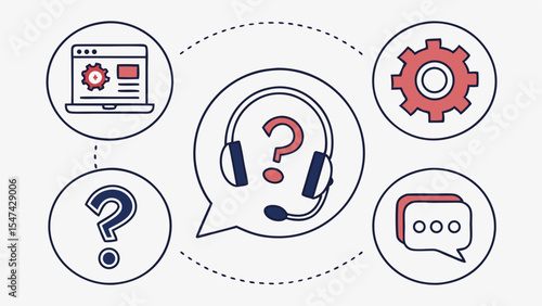 Minimalist line art customer support concept with headset question mark laptop gear chat and inquiry icons for help desk and online technical assistance