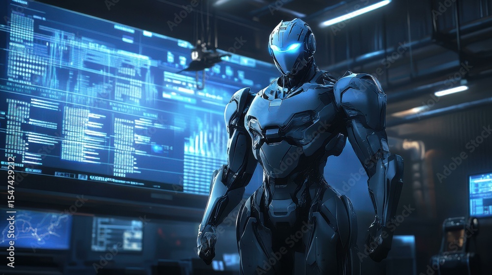 Futuristic robot standing indoors in industrial setting at night Futuristic robot standing indoors in industrial setting at night