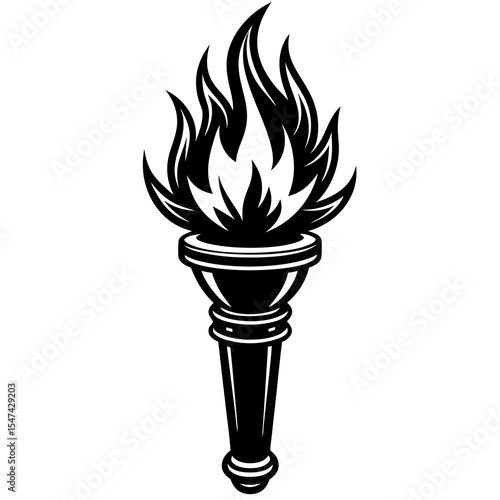 A black and white torch with a flame isolated on white background
