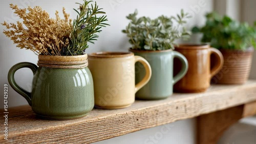 Wallpaper Mural Rustic ceramic mugs and plants on wooden shelf evolving with shifting light Torontodigital.ca