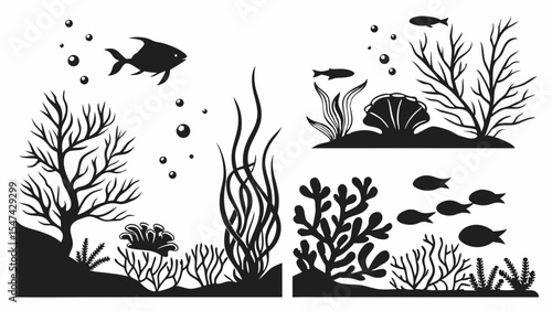 Black and white underwater silhouette vector set of marine life. Features fish, coral, seaweed, and aquatic plants. Ideal for aquarium graphic design elements.