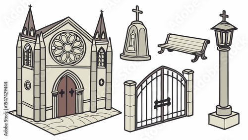 Gothic Church Cemetery Elements Vector Illustration Set with Chapel, Gravestone, Iron Gate, Bench, and Lamp Post for Religious or Historical Designs