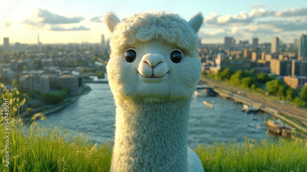 Fototapeta premium Fluffy alpaca enjoys city view