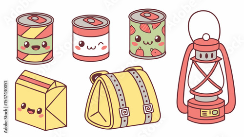 Kawaii Camping Gear and Food Supplies Vector Illustration Featuring Cute Canned Goods, Lantern, and Travel Bag for Outdoor Adventures