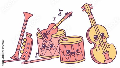 Adorable Kawaii Pastel Musical Instruments Illustration Featuring Happy Drums Guitar Violin Clarinet Saxophone and Drumsticks for Kids Music Fun