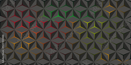 Dark hexagon abstract technology background with blue and green colored bright flashes under hexagon. Hexagonal gaming vector tech illustration black abstract background.