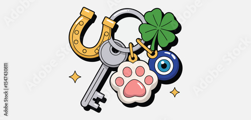 Lucky Charm Keychain with Horseshoe, Paw Print, and Evil Eye