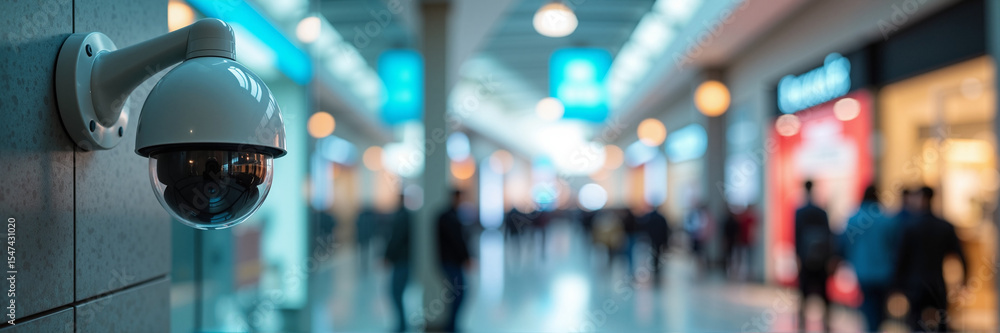Fototapeta premium Security camera in shopping mall hallway. Surveillance system protects shoppers and stores. Modern security camera ensures safety for retail businesses.