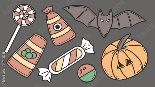 Cute hand-drawn Halloween cartoon elements set with assorted candy, spooky pumpkin jack-o-lantern, and flying bat. Trick or treat doodle illustration.