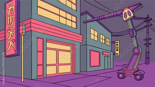 Retro-futuristic anime city street at dusk featuring a tall purple robotic crane, Japanese storefronts, glowing signs, and power lines. Urban digital art.
