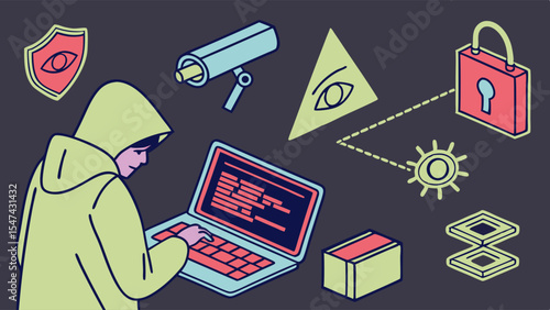 Modern vector illustration of a hooded hacker coding on a laptop, surrounded by cybersecurity, data privacy, and surveillance symbols.