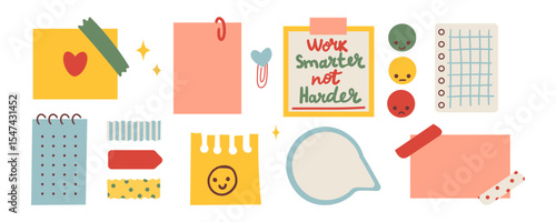 Various Paper notes on stickers. Information board with blank Paper sticky notes for reminders, to do list, planner, schedule. Hand drawn Vector hand drawn illustration. Cartoon style isolated .