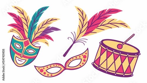 Colorful Carnival Party Masks, Feathers, and Drum Flat Vector Illustration for Festive Celebrations, Mardi Gras, or Brazilian Samba Events