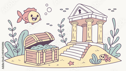 Adorable pastel doodle illustration of an underwater world with a happy cartoon fish, open treasure chest, and a classical bank building on the seabed.