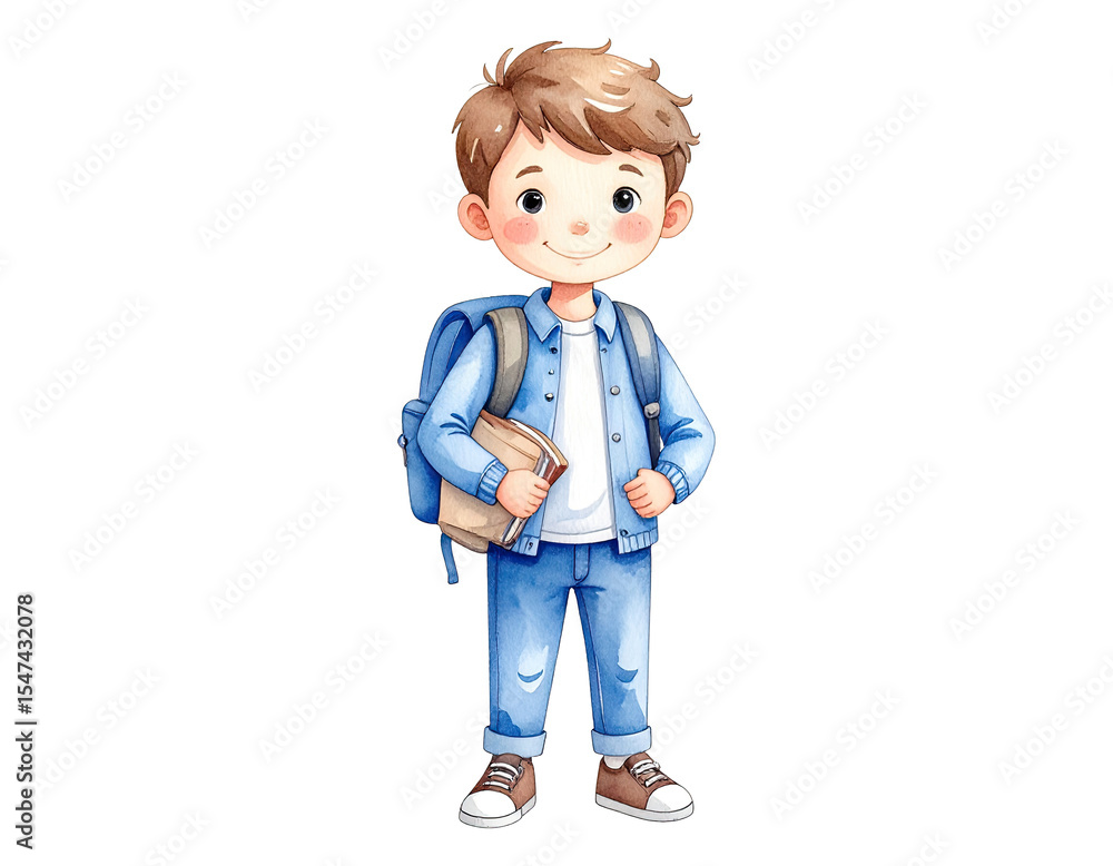 Cute cartoon boy student character in watercolor style. Cartoon character illustration. Cute cartoon boy student character in watercolor style. Cartoon character illustration.