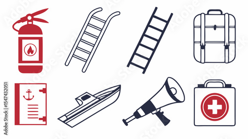 Essential Safety and Emergency Equipment Icons Set. Flat line art vectors of fire extinguisher, ladders, boat, first aid kit, megaphone, and travel bag.