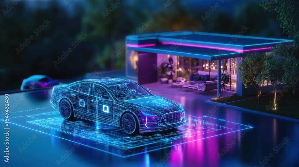 Obraz premium Sleek digital wireframe car parked outside modern house at night