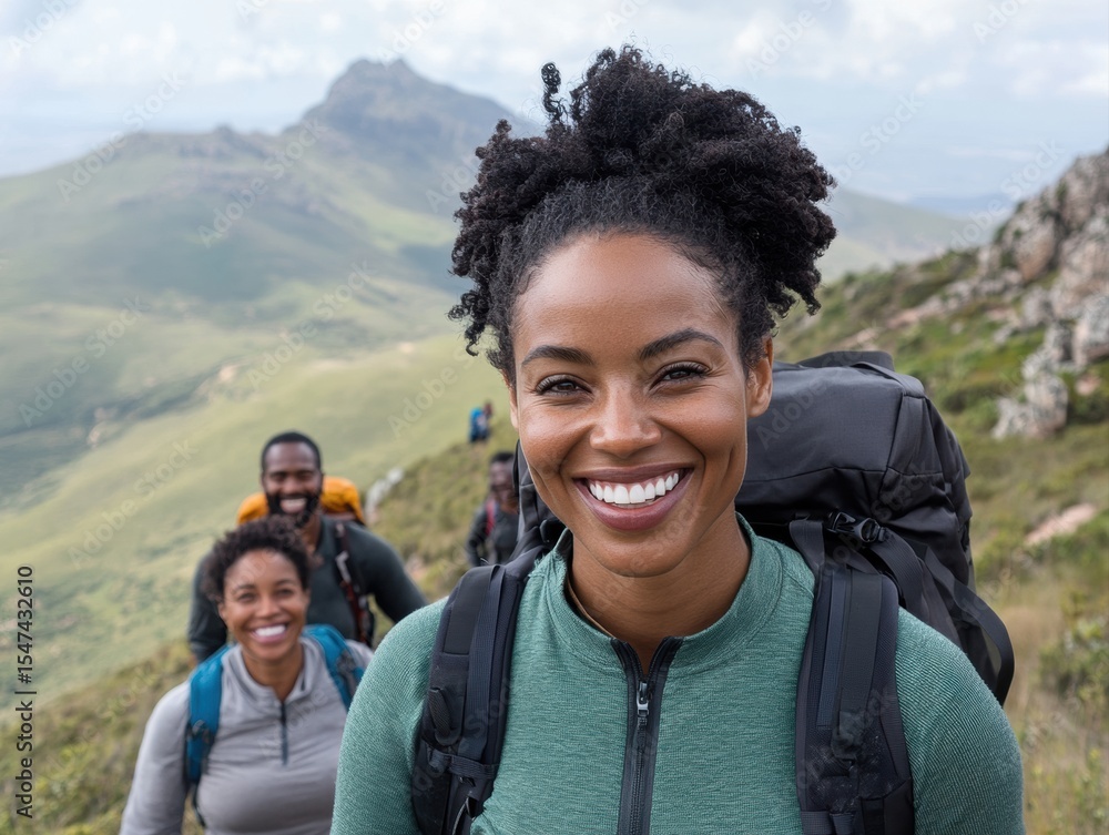 Happy Black adults and young woman hiking in mountainous nature Happy Black adults and young woman hiking in mountainous nature
