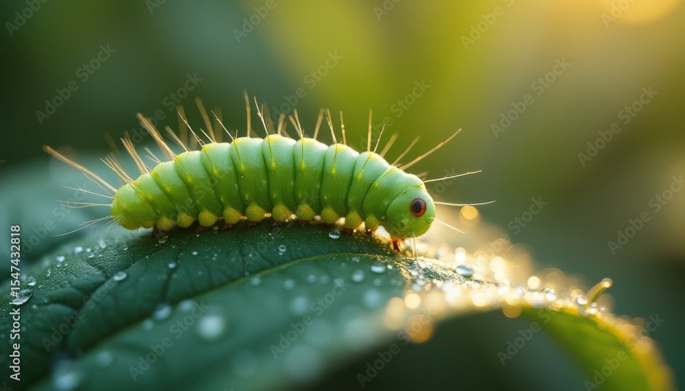 Naklejka premium Polyphemus Moth caterpillar crawling on dew-covered leaf