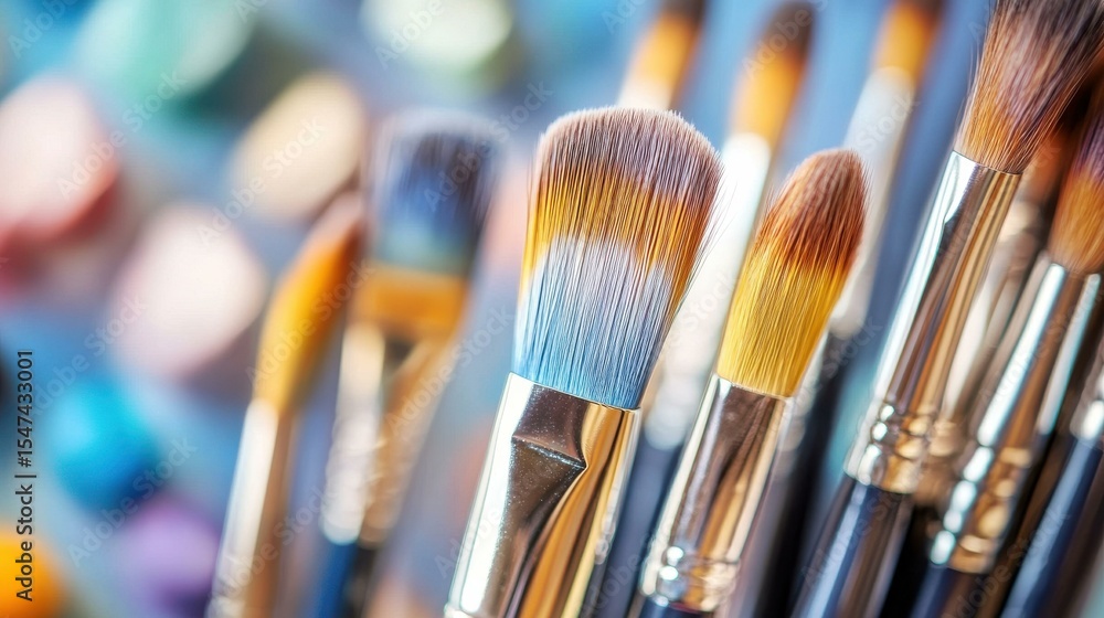 Fototapeta premium Close-up of various paintbrushes in vibrant art supply setting
