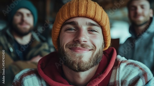 Wallpaper Mural A joyful young man wearing a vibrant beanie, smiling warmly at the camera, surrounded by friends, capturing a moment of camaraderie and shared laughter. Torontodigital.ca