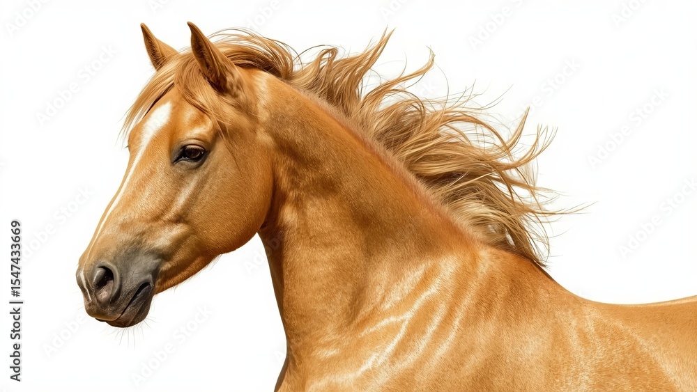 Fototapeta premium Elegant red horse standing proudly on a clean white isolated background, showcasing its strong posture, vibrant color, and graceful form, perfect for concepts of beauty, strength, and equine majesty