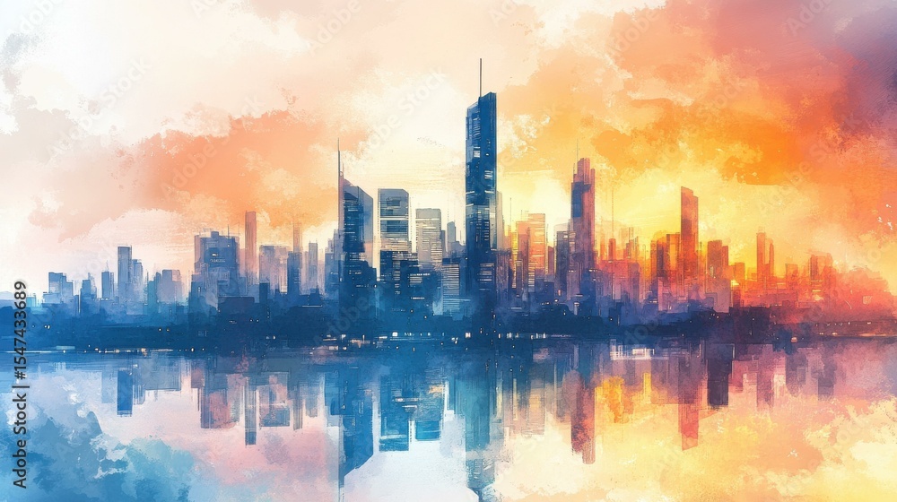 Fototapeta premium Serene cityscape at sunset with water reflections
