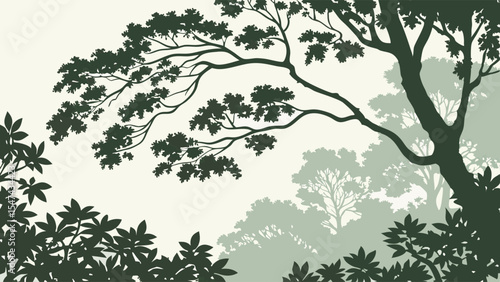 Green forest silhouette background featuring lush trees, branches, and layered foliage. A serene woodland nature scene in a minimalist flat design style.