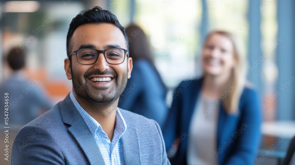 Obraz premium Happy South Asian man in blazer at professional office setting
