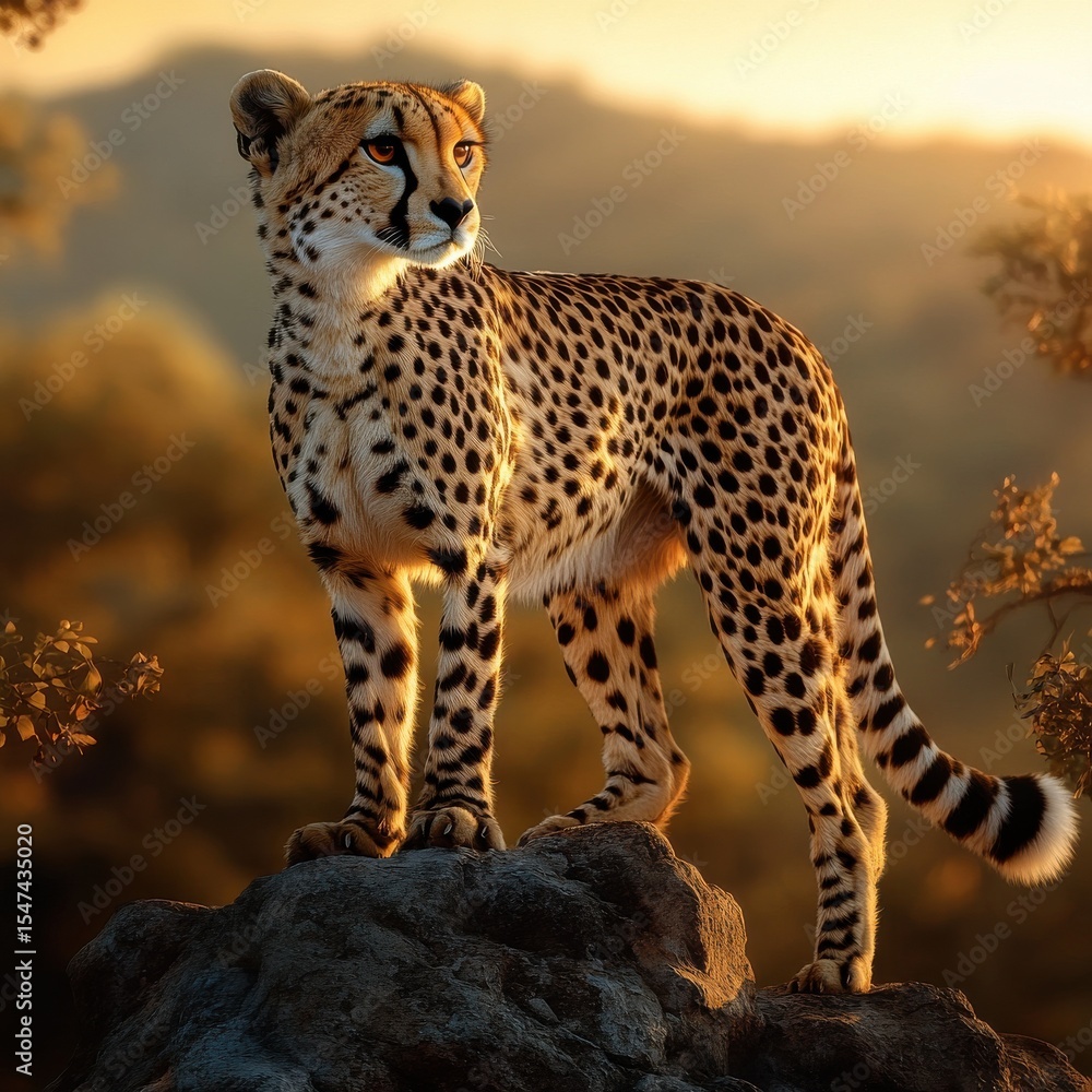 Cheetah standing on rock at sunset in African savanna Cheetah standing on rock at sunset in African savanna