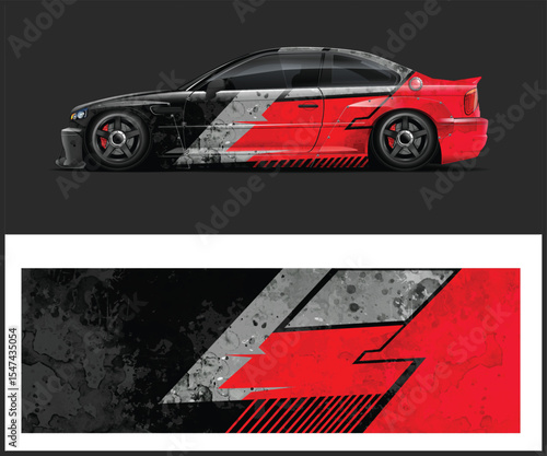 Aggressive Sports Car Wrap Design with Black Gray and Red Graphics