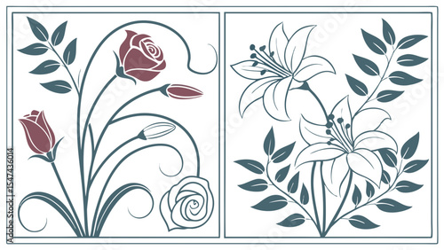 Elegant Art Nouveau floral vector illustration featuring stylized roses and lilies in two decorative panels, perfect for vintage botanical designs and ornamental tiles.