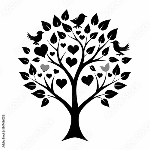 Tree with birds and heart shaped leaves isolated on white background