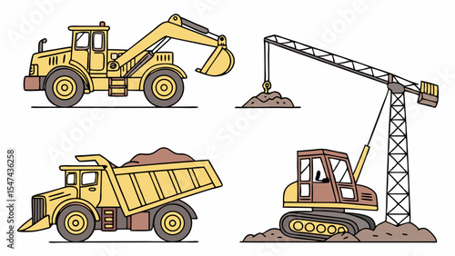 Detailed cartoon construction vehicles set featuring a yellow excavator, dump truck, crane, and bulldozer working on a building site, simple vector illustration artwork.