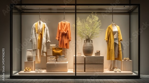 Elegant apparel display showcasing curated fashion ensembles in a retail window