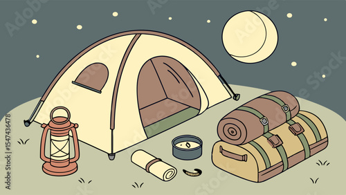 Minimalist camping night scene illustration featuring a tent, bright full moon, twinkling stars, a vintage lantern, and rolled sleeping gear on the ground, outdoor adventure.