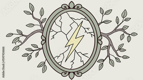 Elegant vintage illustration of an ornate oval frame with cracked glass and a yellow lightning bolt, flanked by green leafy tree branches on a light background.