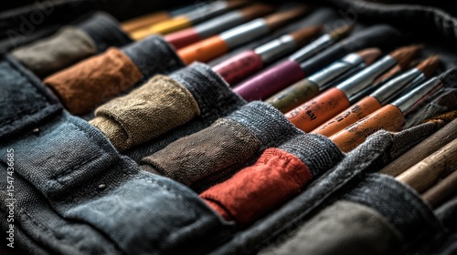 Close-up of Artistic Paintbrushes Arranged in a Denim Roll-Up Organizer